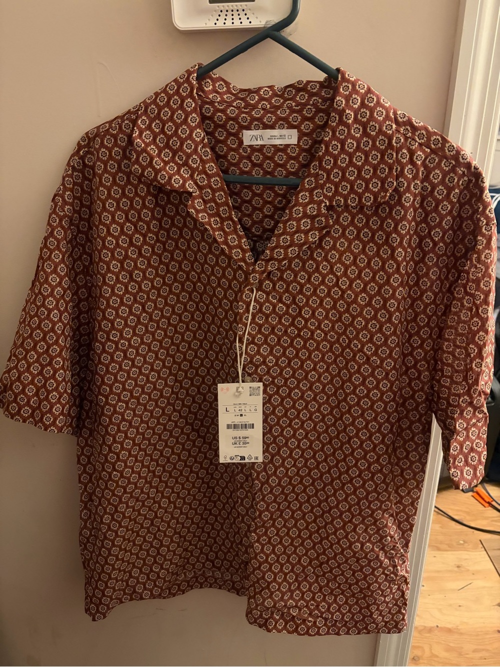 Zara Men's Rust Red Geometric Print Button-Down Shirt